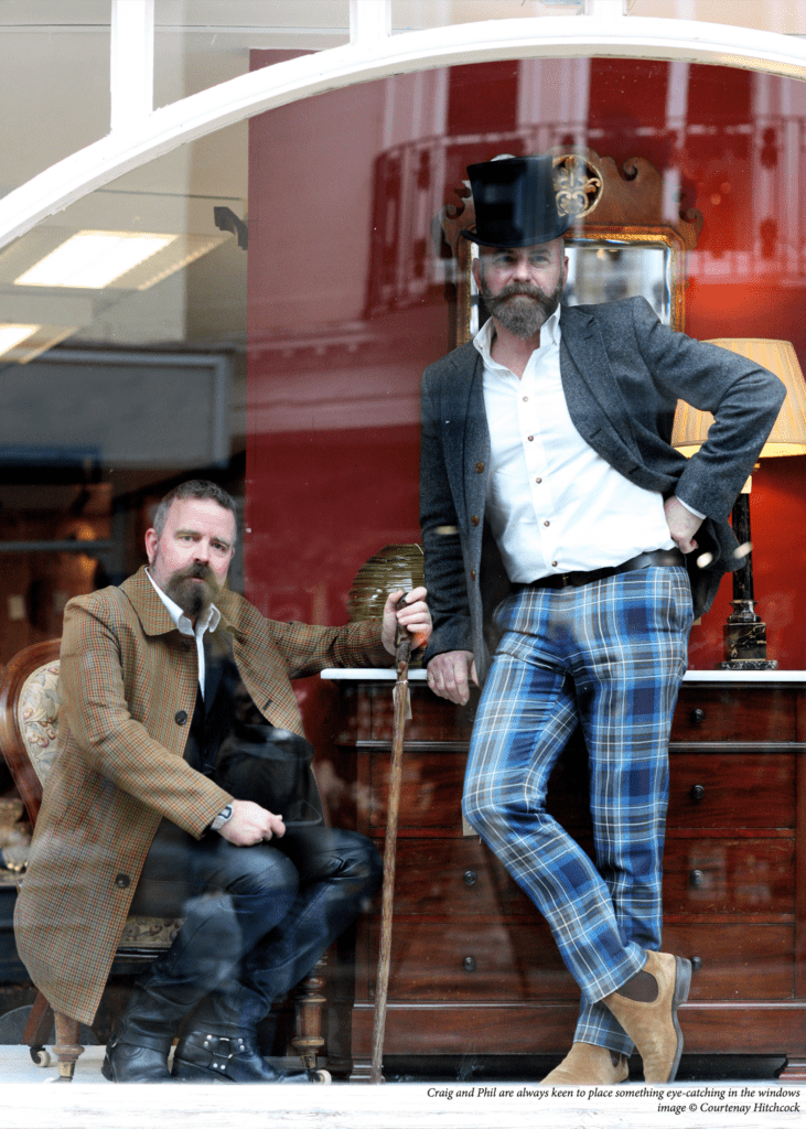 Craig & Phil in the window of Sherborne antiques market