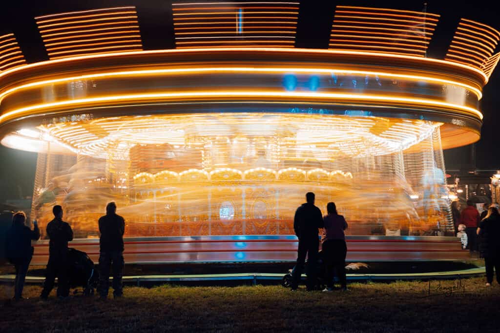 The steam-driven set of Gallopers (the carousel at night)